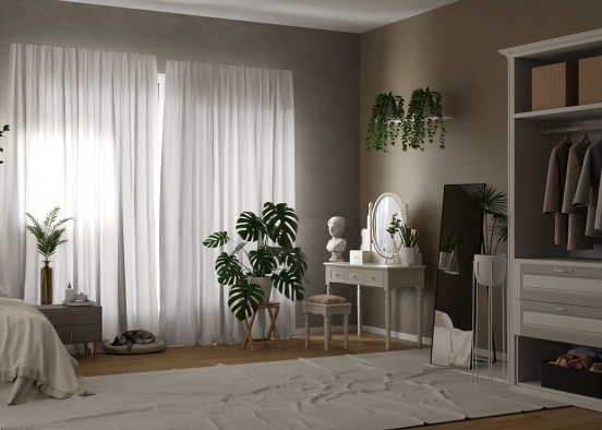Wonderful bedroom. White&grey&green colours.  Design Rendering