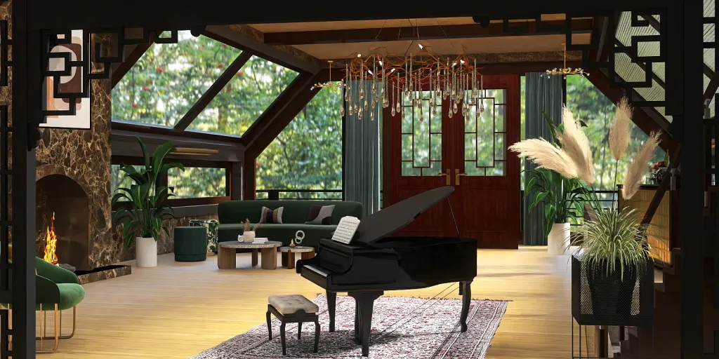 a piano in a room with a large window 