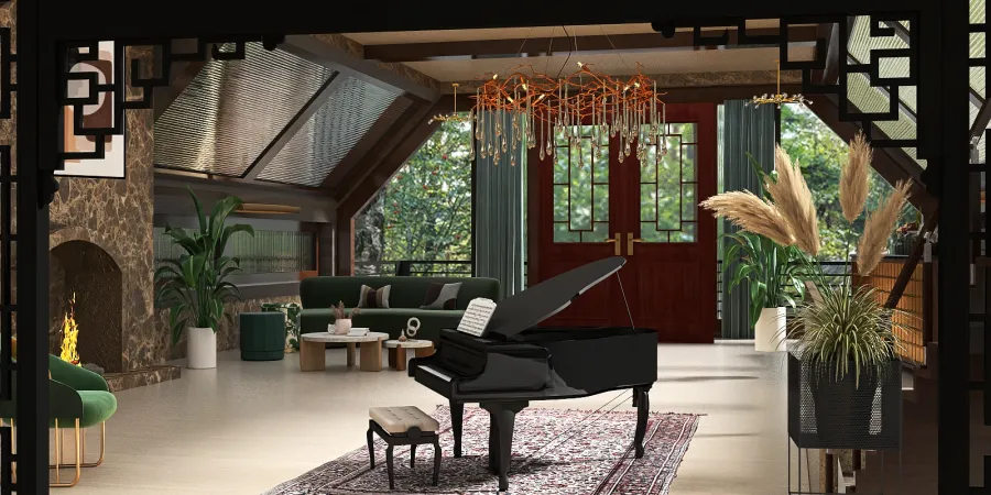a piano in a room with a large window 