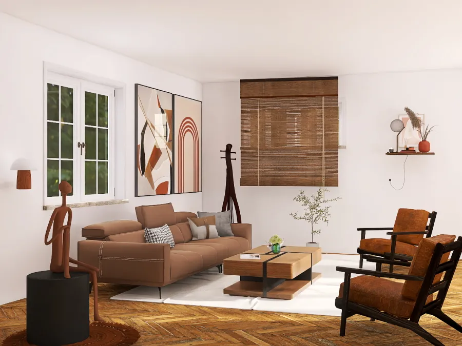 a living room with a couch, chair, table and a window 