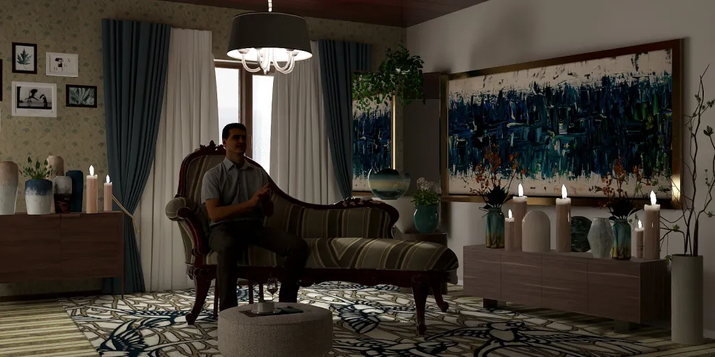 a man sitting on a chair in a living room 