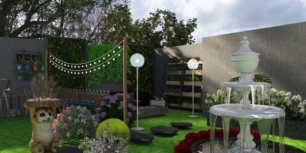garden fountain design featuring lush greenery and vibrant flowers in a tranquil outdoor space, showcasing Homestyler's real-time 3D rendering for enhanced visualization.