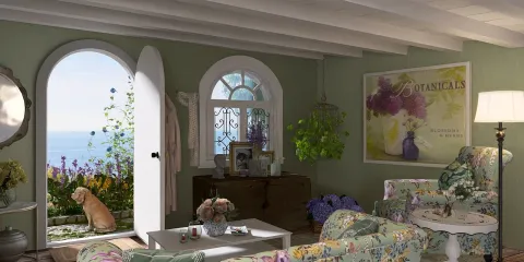 Floral patterned sofa with a cozy arrangement facing a scenic outdoor view, blending indoor and outdoor elements beautifully in a serene setting; featuring a vibrant interior decor style with emphasis on nature.