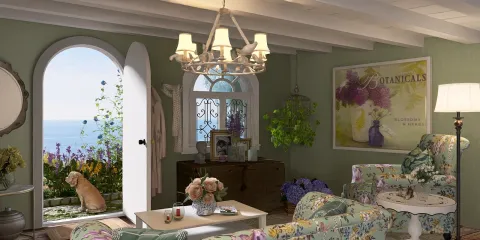 cozy living room with a floral patterned sofa and natural light entering through an open door, designed for a welcoming atmosphere, featuring a relaxing interior decor theme, utilizing Homestyler's real-time 3D rendering feature.