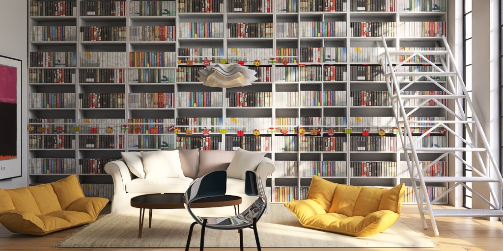 a living room with a couch, chairs, and a book shelf 