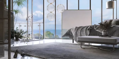 modern bedroom with panoramic windows showcasing a scenic view, featuring cozy furnishings and stylish decor, emphasizing indoor comfort and serenity, using Homestyler's real-time 3D rendering feature.