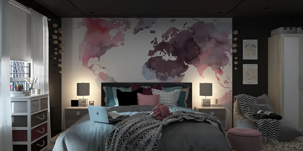 a bed with a painting on the wall 