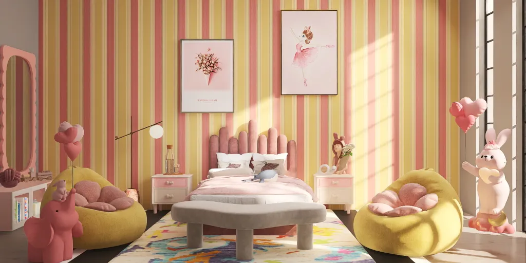 a living room with a pink couch and a pink table 
