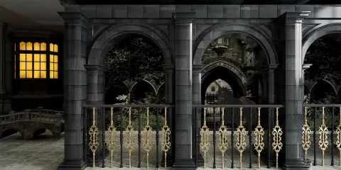 architectural arches featuring ornate railings enhancing the elegance of the outdoor space with dark stone finish, showcasing an atmospheric medieval ambiance; includes Homestyler's real-time 3D rendering functionality for instant design visualizations.