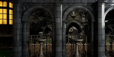 Gothic-style architecture with elegant arches and stone columns showcasing a dark courtyard view, designed to enhance outdoor spaces using Homestyler's real-time 3D rendering feature.