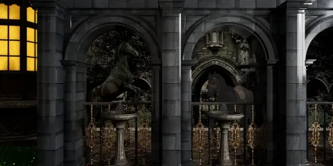 decorative arches featuring ornate sculptures of horses in a gothic architectural style, enhancing an opulent outdoor space with a historic ambiance, showcasing the interior design capabilities of Homestyler.