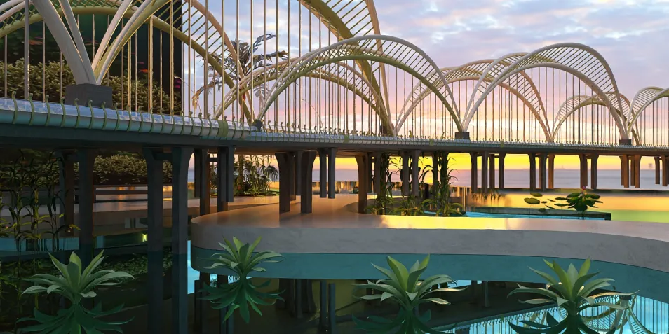 Modern architectural structure with glass arches overlooking a sunset, showcasing a vibrant indoor garden, designed using Homestyler's real-time 3D rendering feature for immersive interior visualization.