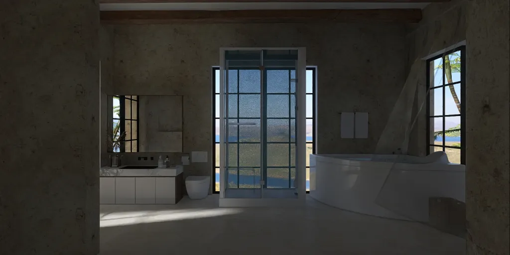 a large white bathroom with a sink and a window 