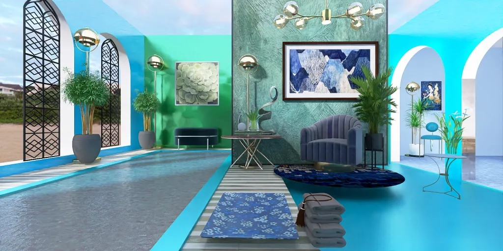 a living room with a blue floor and a blue wall 