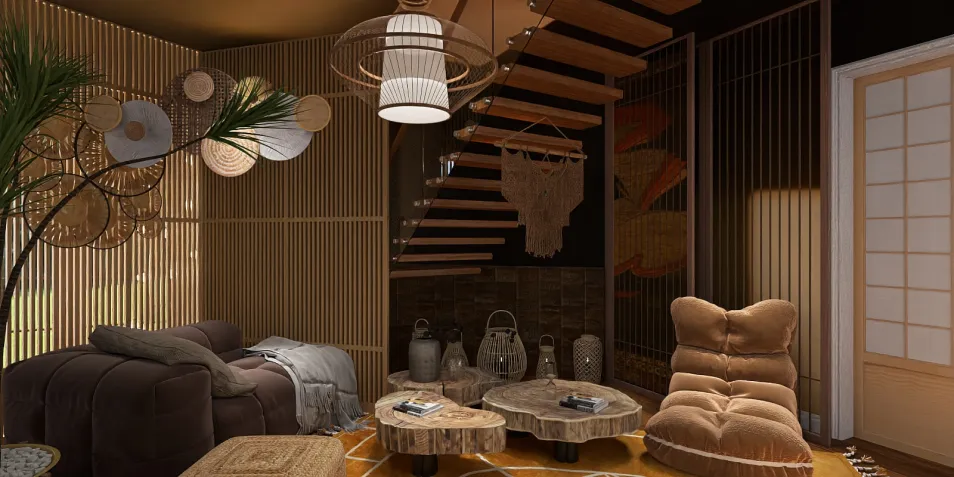 cozy living room design featuring a modern staircase and elegant decor, showcasing interior design with Homestyler's real-time 3D rendering for design proposal enhancement.