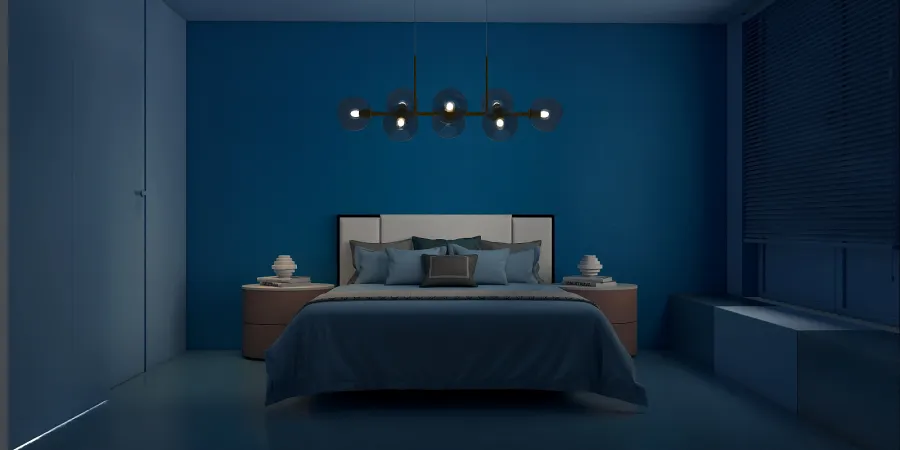 a bedroom with a bed, lamp, and a lamp post 
