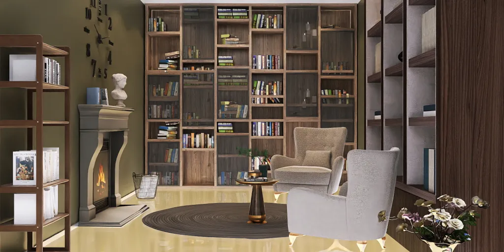 a living room filled with furniture and a book shelf 