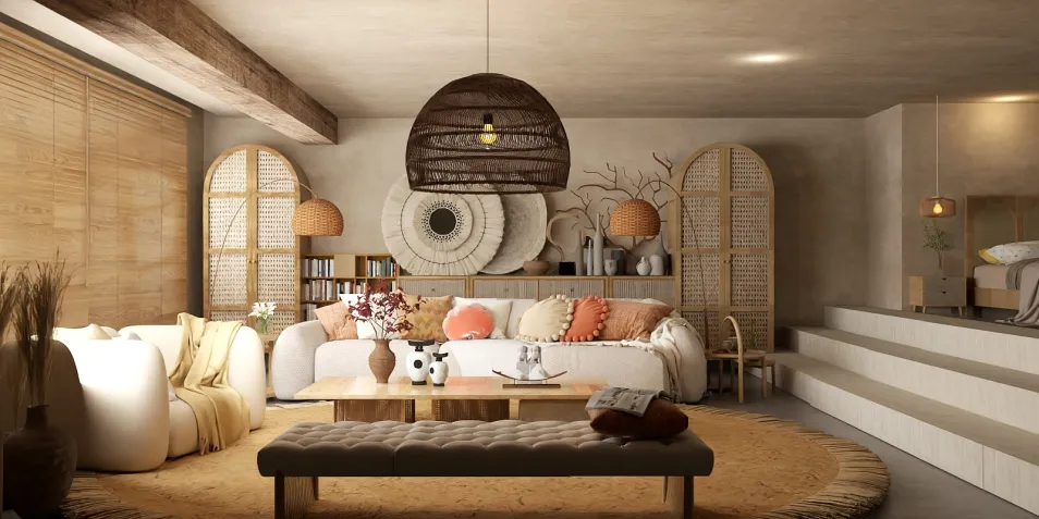A cozy living room featuring a stylish sofa and wooden accents, showcasing sustainable interior design principles, enhanced by Homestyler's real-time 3D rendering feature for a quick preview.