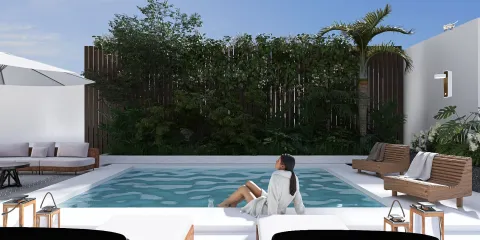a woman relaxing by a swimming pool in a modern outdoor space with tropical plants and comfortable seating, showcasing a serene lifestyle in a private backyard retreat, utilizing Homestyler's real-time 3D rendering feature.