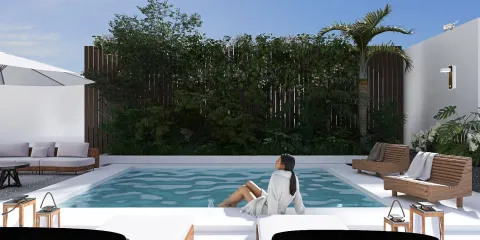 modern outdoor pool area featuring a lounging woman relaxing beside the water, tropical landscaping, showcasing a contemporary style, ideal for leisure and relaxation using Homestyler's real-time 3D rendering feature.