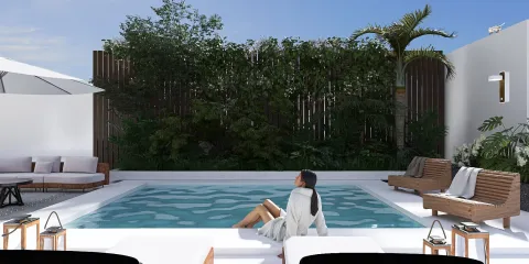 woman relaxing by a swimming pool in a modern outdoor lounge area surrounded by lush greenery, featuring smart furniture arrangement for optimized space, showcasing Homestyler's real-time 3D rendering capabilities.