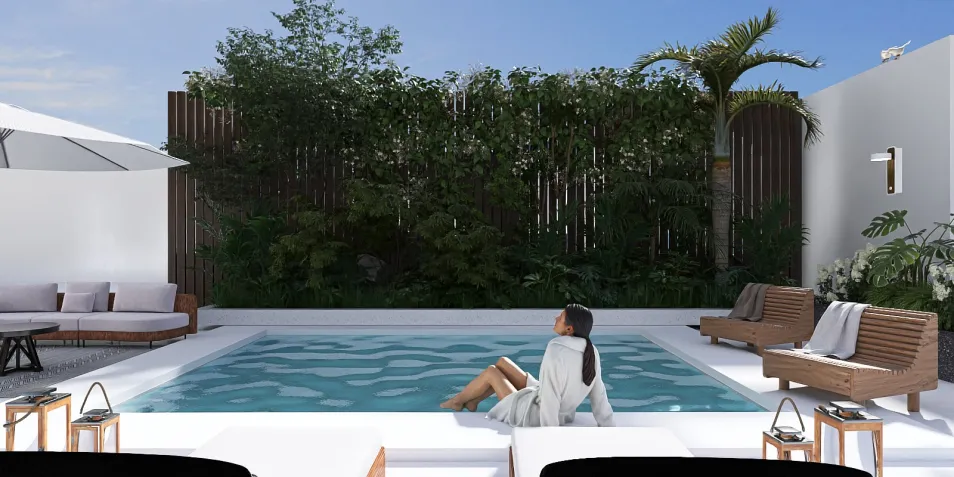 outdoor swimming pool design featuring a relaxation area with stylish loungers, surrounded by lush greenery and a modern aesthetic, showcasing Homestyler's real-time 3D rendering for enhanced visualization.