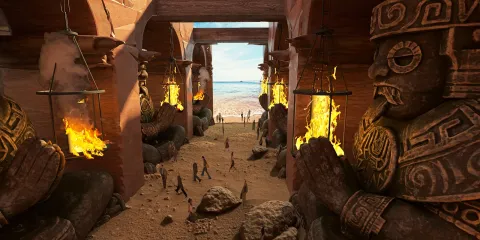 Ancient stone sculptures with flames surrounding a sandy passageway leading to a beach view, showcasing a dramatic and mystical atmosphere, emphasizing 3D interior design concepts using Homestyler's real-time rendering feature.