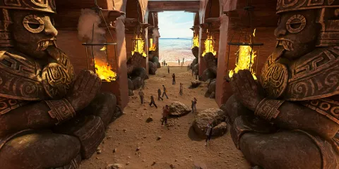 3D scene with giant statues and an ancient temple design showcasing a mystical atmosphere and archaeological exploration value; featuring Homestyler’s real-time 3D rendering for immersive design previews.