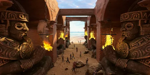 ancient statues guarding an entrance amidst a mystical landscape featuring fire elements and sandy terrain, creating an immersive experience for interior design enthusiasts, showcasing Homestyler's real-time 3D rendering capabilities.