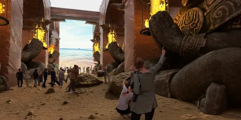A group of people exploring a large ancient corridor with massive stone statues and decorative lanterns, featuring a natural outdoor view at the end, showcasing a stunning 3D rendering style in an immersive environment. This interior design involves Homestyler's real-time 3D rendering feature to visualize intricate details.