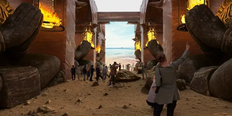 A group of people exploring a fantastical entrance featuring large stone hands and glowing lanterns, showcasing a surreal and artistic interior design space; utilizes Homestyler's immersive VR experience for an engaging visualization of a unique architectural concept.