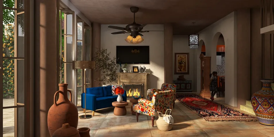 cozy living room design featuring a blue sofa and colorful patterned chairs, showcasing rustic charm, beautifully optimized for interior decor using Homestyler's real-time 3D rendering feature.