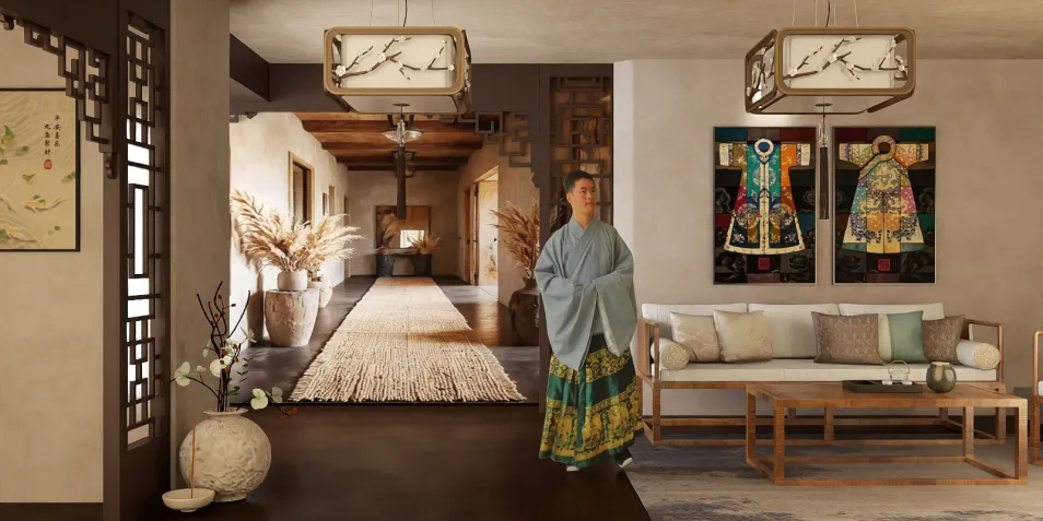traditional interior design featuring a serene living space with decorative elements and artwork, showcasing a blended Asian style, enhanced by Homestyler's real-time 3D rendering feature for quick design visualization.