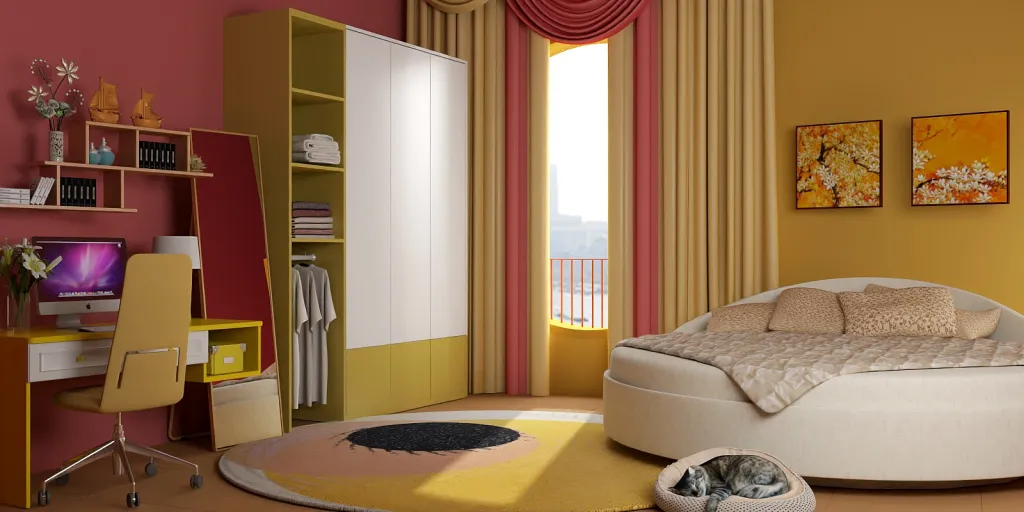 a bedroom with a bed, a desk, and a lamp 
