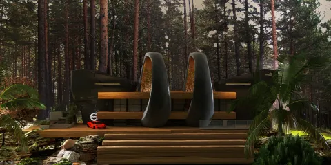 modern architectural facade featuring sculptural elements and natural landscaping, showcasing outdoor living space and seamless indoor-outdoor transition, utilizing Homestyler's real-time 3D rendering for design visualization