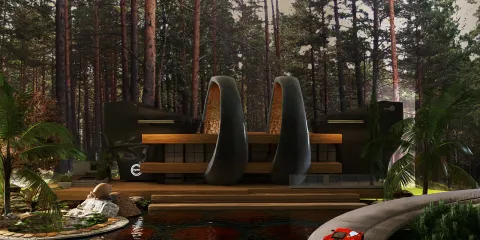 modern architectural design featuring unique structures surrounded by trees, showcasing innovative building style and visual appeal in outdoor space using Homestyler's real-time 3D rendering feature.
