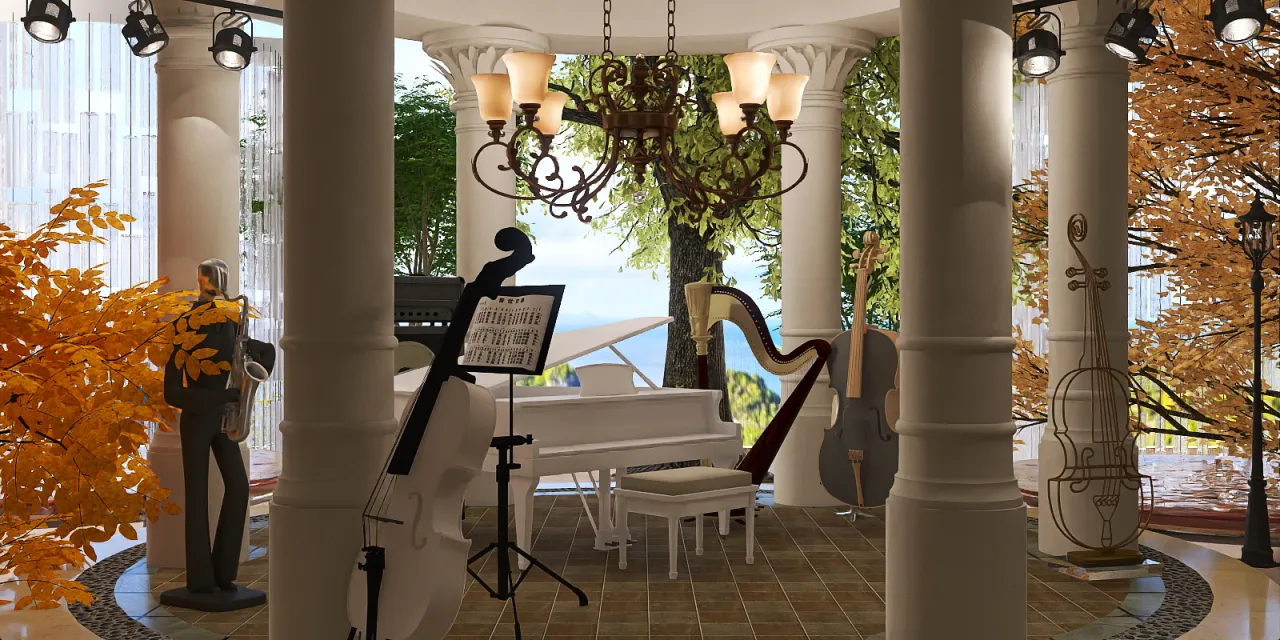 a piano in a room with a table and chairs 