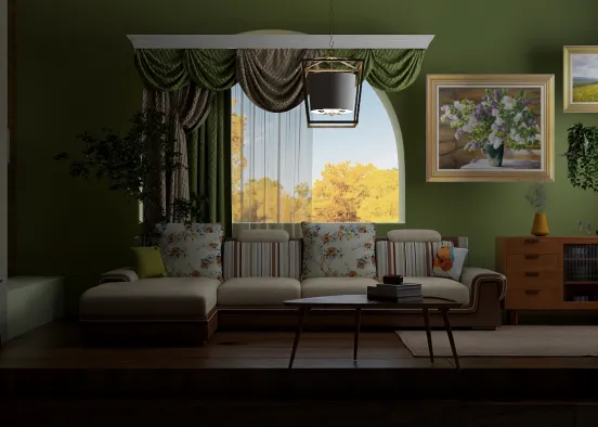 green/olive cosy living room Design Rendering