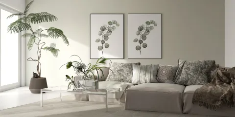 cozy living room with a sectional sofa and decorative plants incorporating smart furniture arrangement in a modern design style for optimal interior décor setup using Homestyler's real-time 3D rendering feature.
