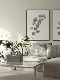 modern sofa arrangement with plants in a minimalist style living room emphasizing interior design aesthetics using Homestyler's real-time 3D rendering feature