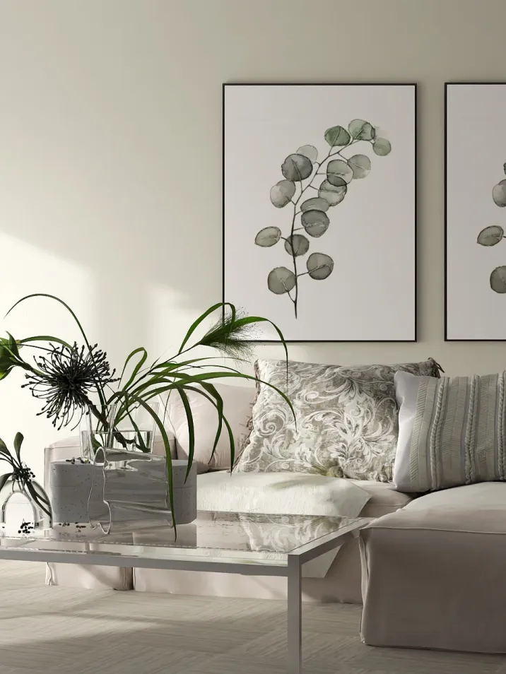 modern sofa arrangement with plants in a minimalist style living room emphasizing interior design aesthetics using Homestyler's real-time 3D rendering feature