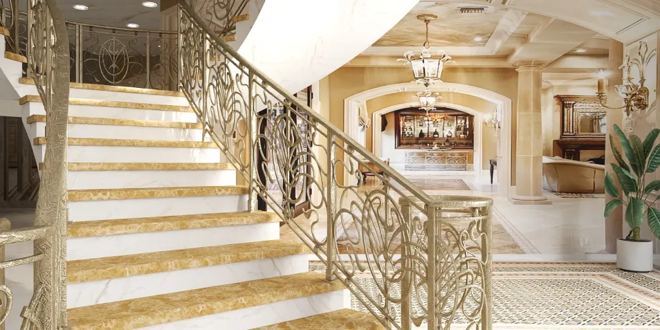 Elegant staircase design with ornate railings leading to a luxurious interior space featuring high ceilings and decorative chandeliers, showcasing Homestyler's real-time 3D rendering for interior design visualization.