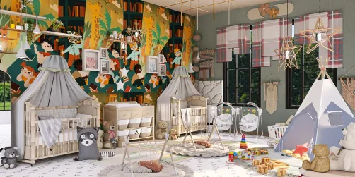 Twin girl and boy neutral nursery room 