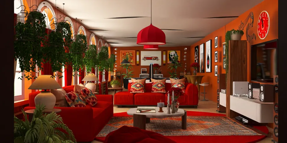 vibrant living room with bold red sofas and green plants showcasing a cozy atmosphere in a modern Bohemian style using Homestyler's real-time 3D rendering feature