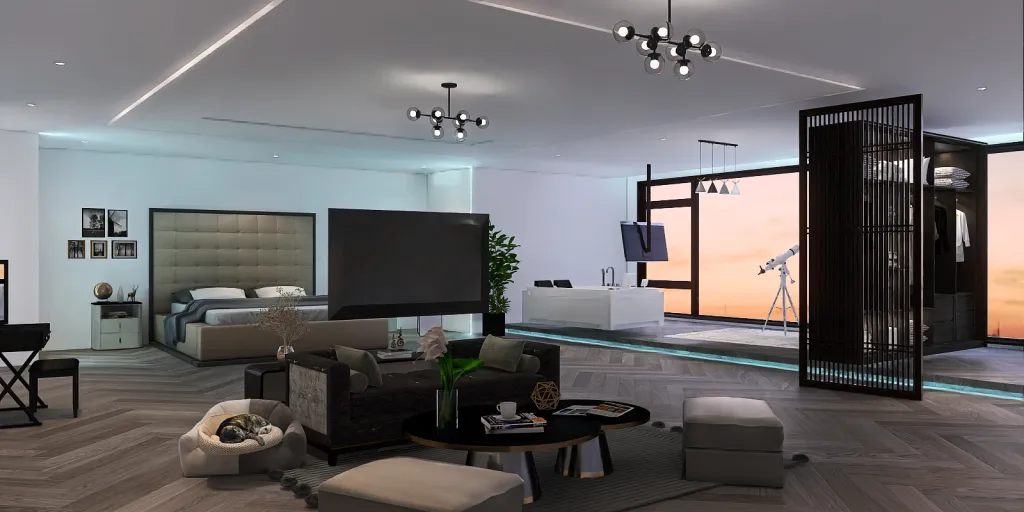a living room with a large television and a large couch 
