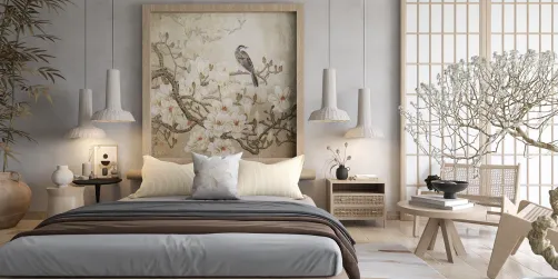 serene bedroom interior design with soft color palette featuring a large floral artwork above the bed, showcasing a modern Japanese style and enhancing relaxation space, utilizing Homestyler's real-time 3D rendering functionality.