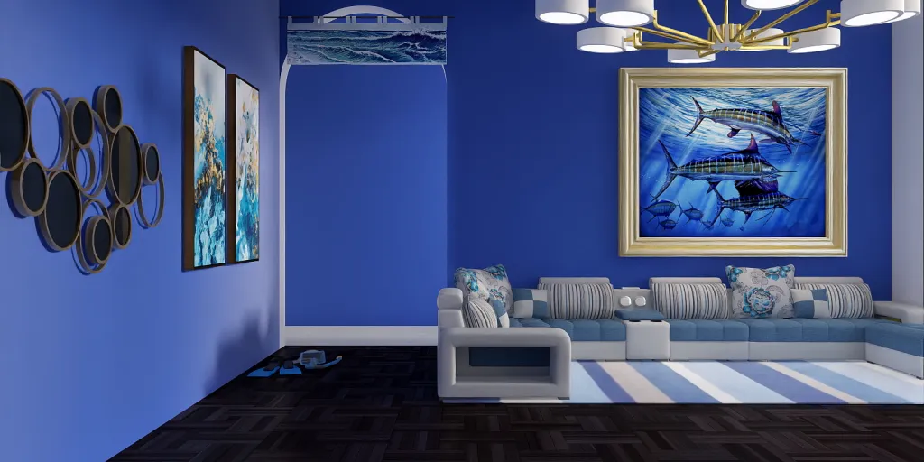 a living room with a blue wall and a blue wall 