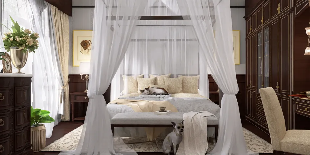 a bed with a canopy and a white blanket 