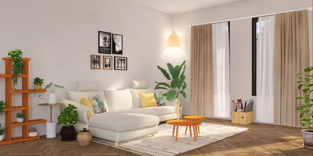 a living room with a couch, table, and a window 