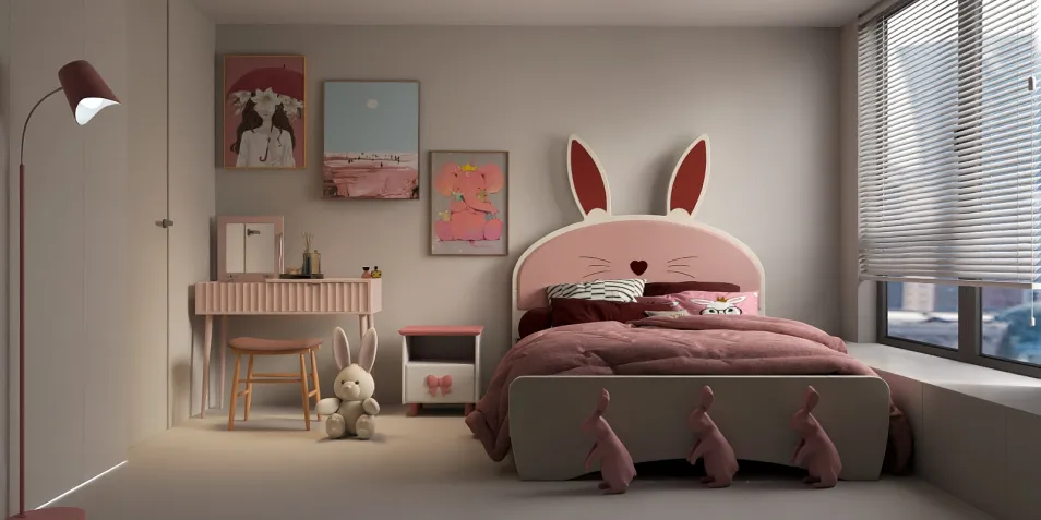 A cute children's bedroom featuring a bunny-themed bed, playful decor, and soft pastel colors, designed for an inviting and cozy atmosphere. This interior design showcases the Homestyler smart furniture arrangement feature for optimal space utilization.